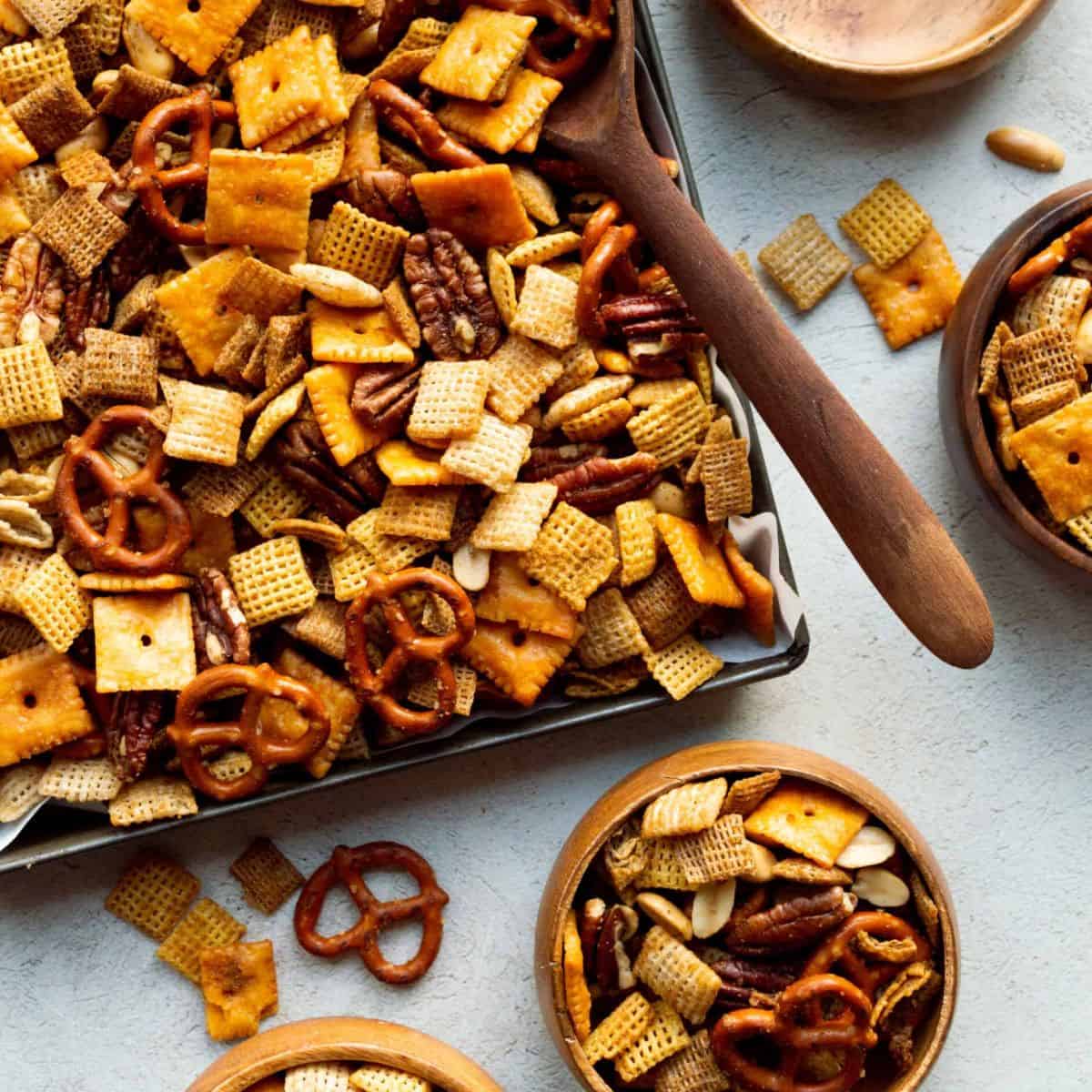 sheet pan full of party mix.