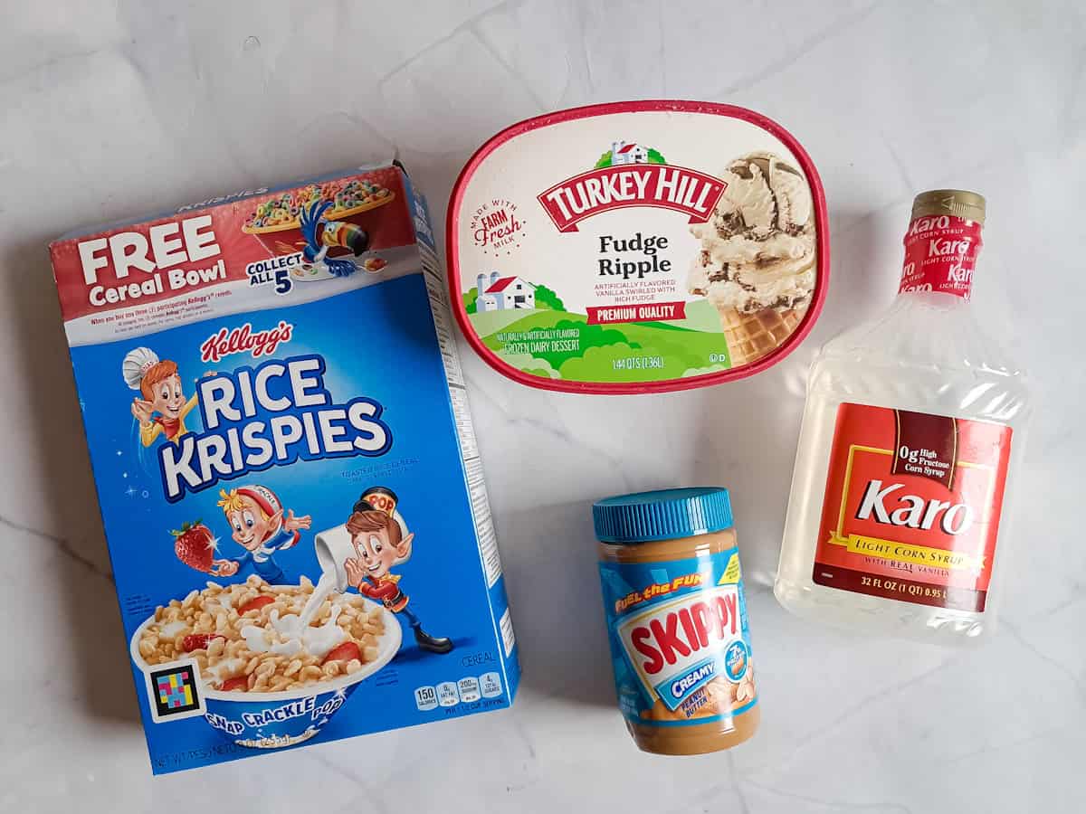 ingredients for peanut butter rice krispie crust.