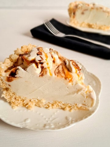 slice of Rice Krispie ice cream pie on a small plate.