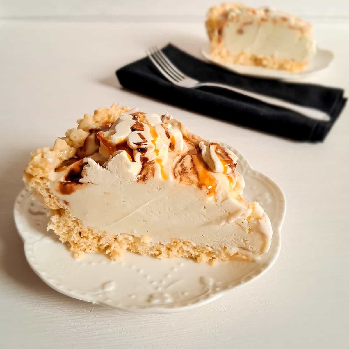 slice of Rice Krispie ice cream pie on a small plate.