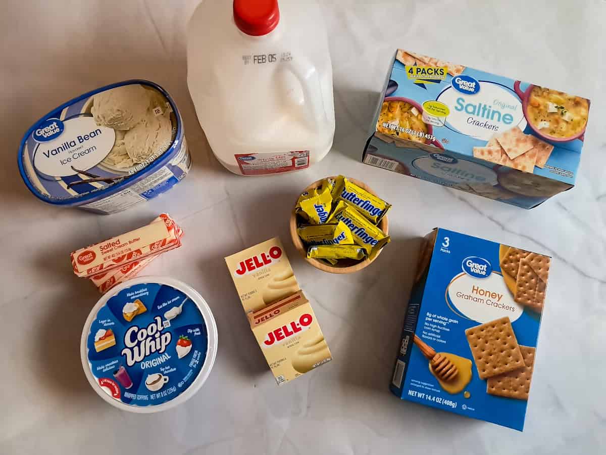 Ingredients: milk, pudding mix, graham crackers, saltines, butter, ice cream, Cool Whip, butterfinger bars.