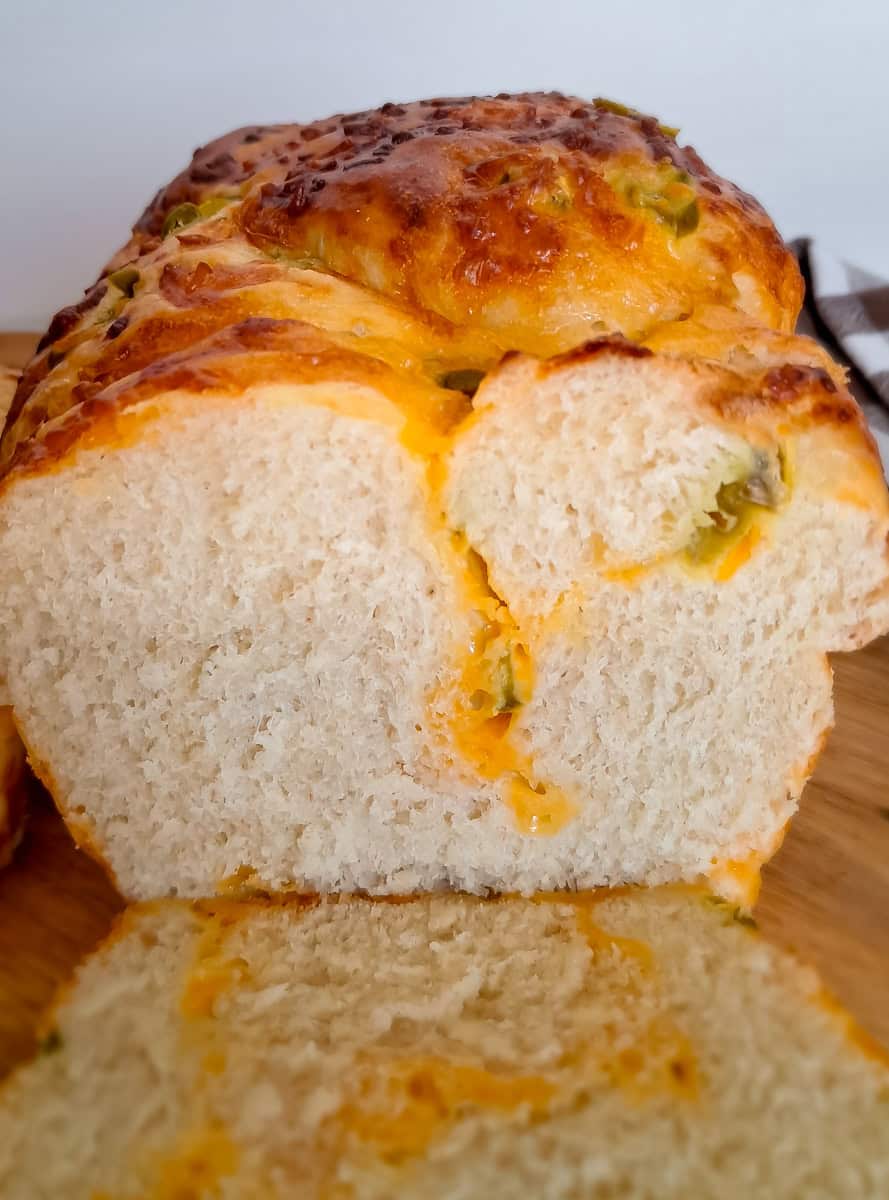 close up of a loaf of jalapeno cheese bread.