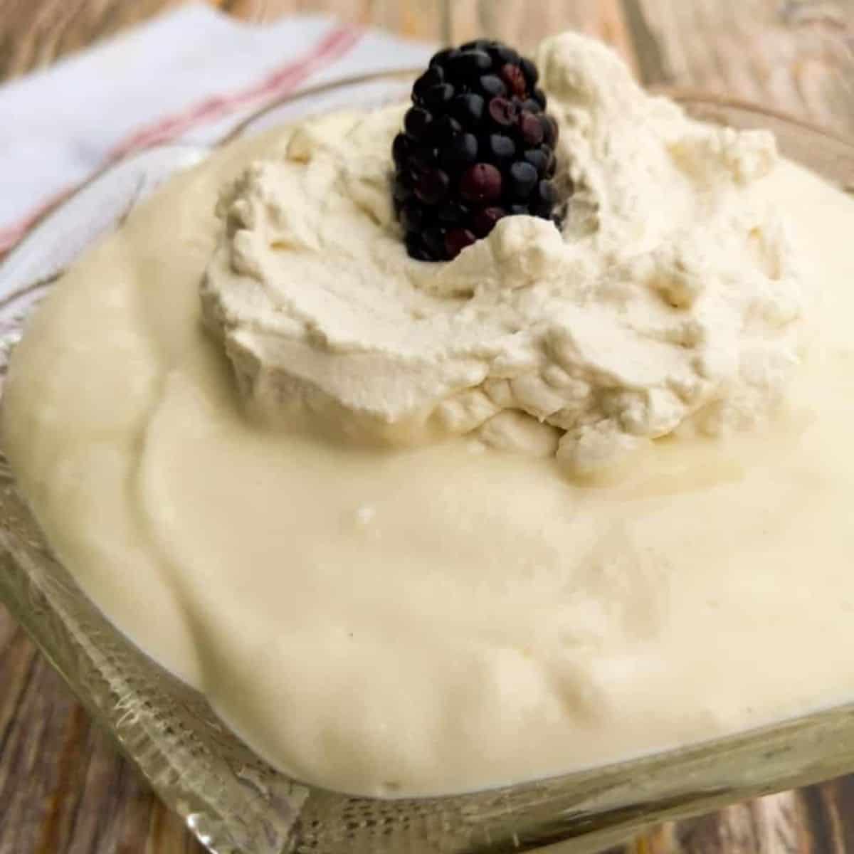 a bowl of homemade vanilla cornstarch pudding.