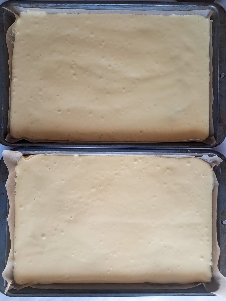 batter in 2 pans ready to bake.