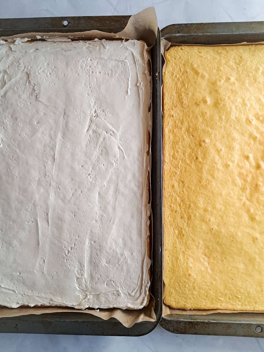 filling spread on one cake, now we're ready to flip the second cake on top.