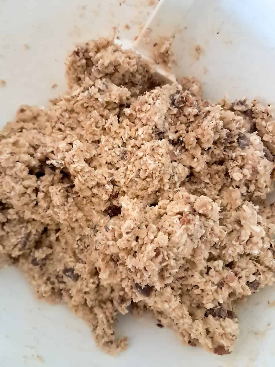 mixed cookie batter in a big white bowl.