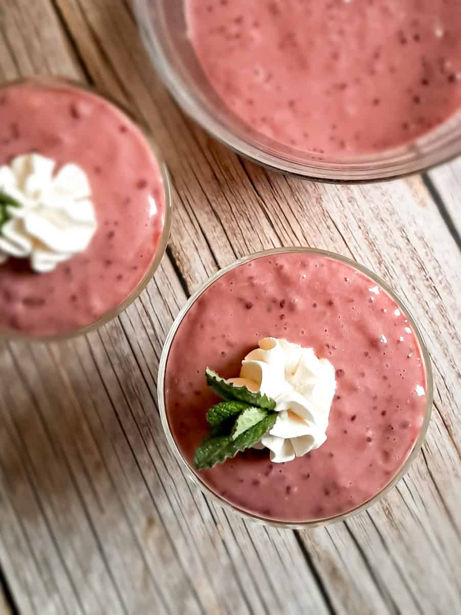 Amish grape tapioca in bowl and two small cups.