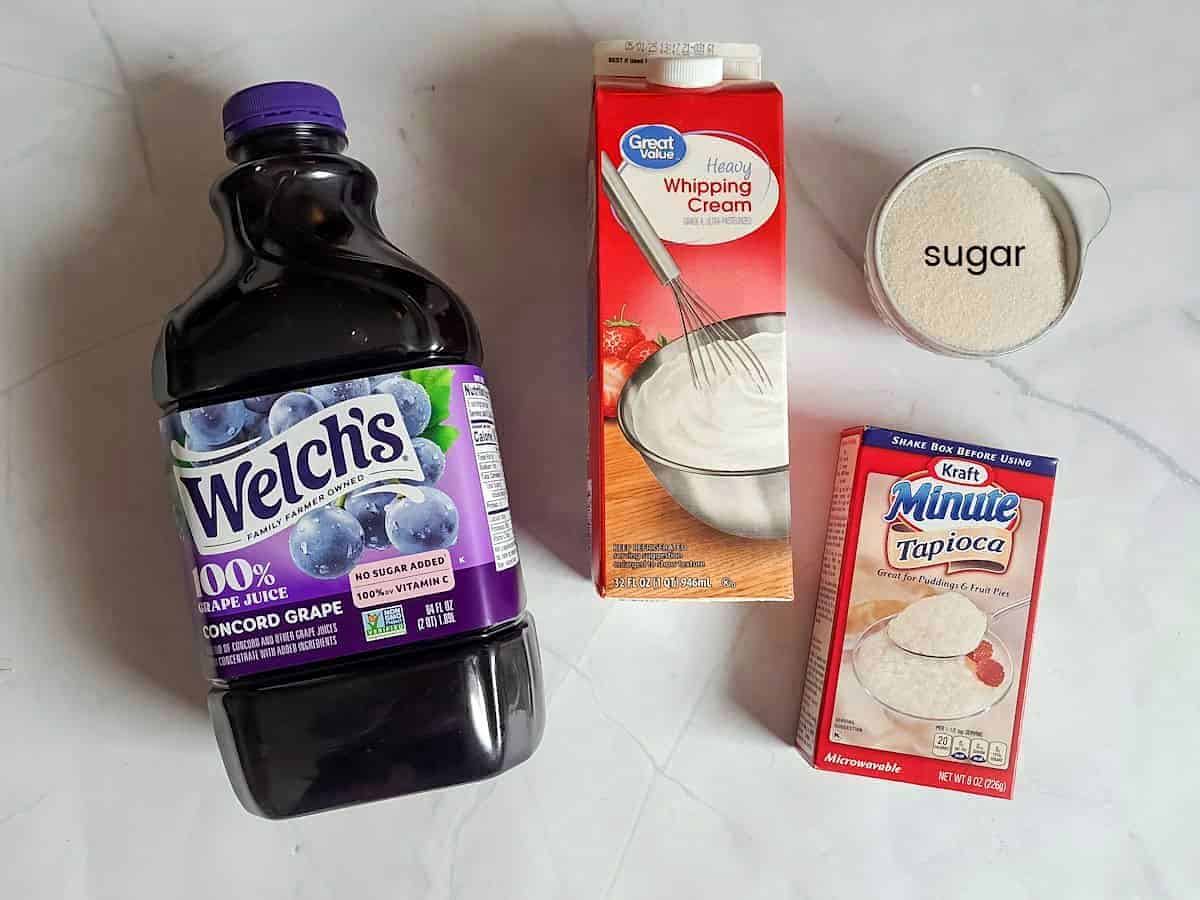 Ingredients: grape juice, minute tapioca, whipping cream, and sugar.