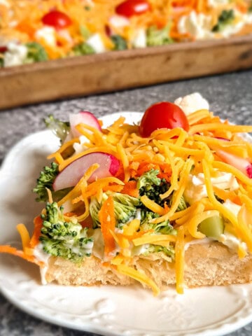 a slice of vegetable pizza on a small plate with the remaining pan full in the background.