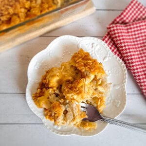 a plate with Amish chicken casserole.
