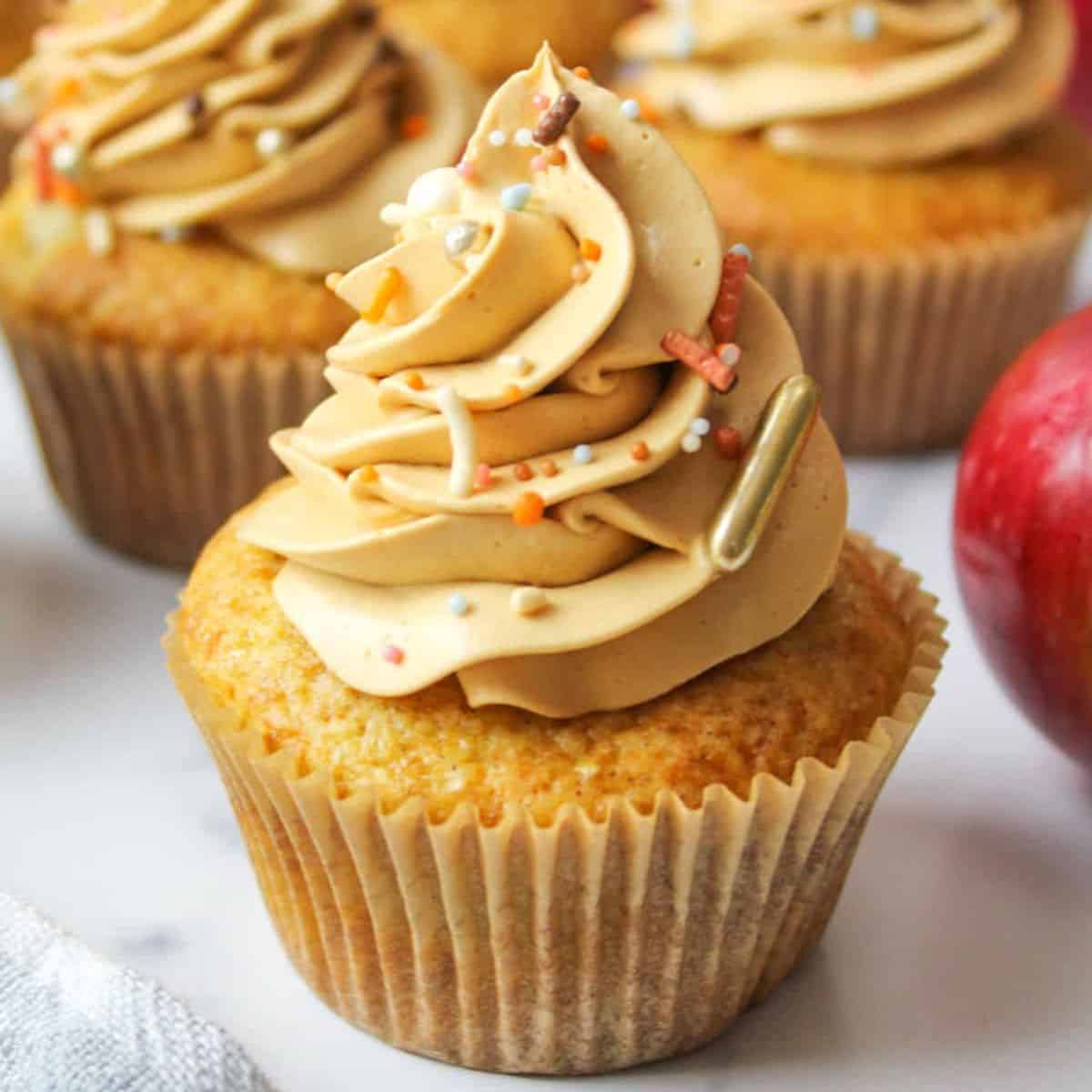 apple cider cupcakes made with apple pie filling.
