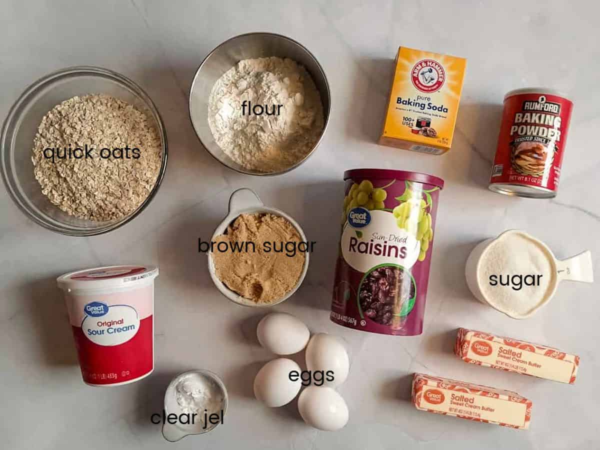 Ingredients: flour, oats, brown sugar, sugar, eggs, baking soda, baking powder, butter, clear jel, sour cream, and raisins.