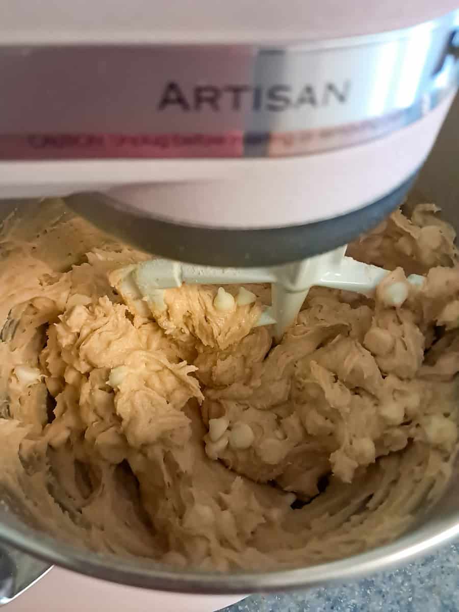 batter with white chocolate chips, ready to bake.