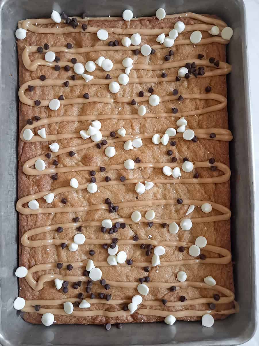 peanut butter blondies with peanut butter drizzle over the top and sprinkled with chocolate chips.