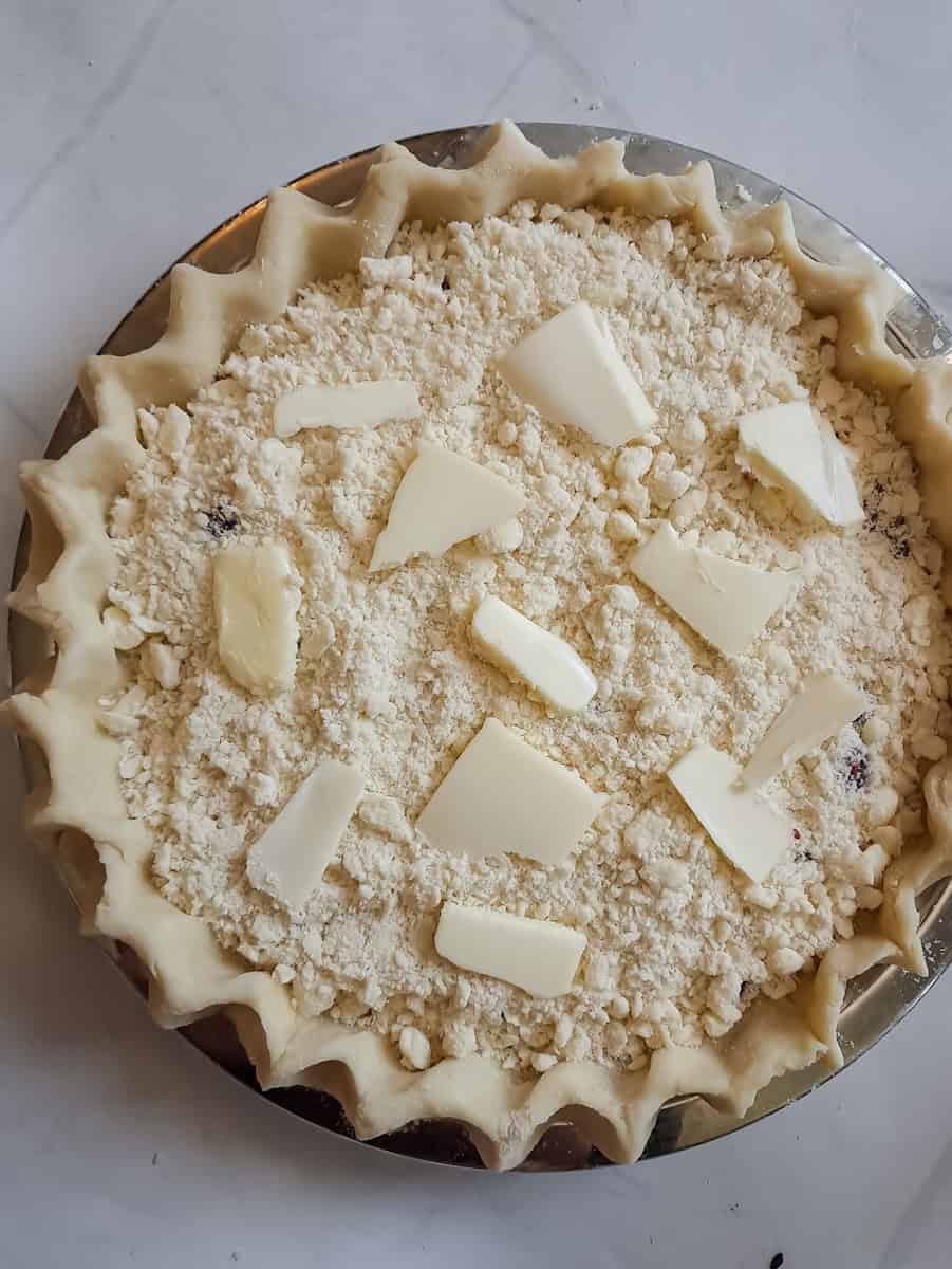 blackberry pie is ready to bake.