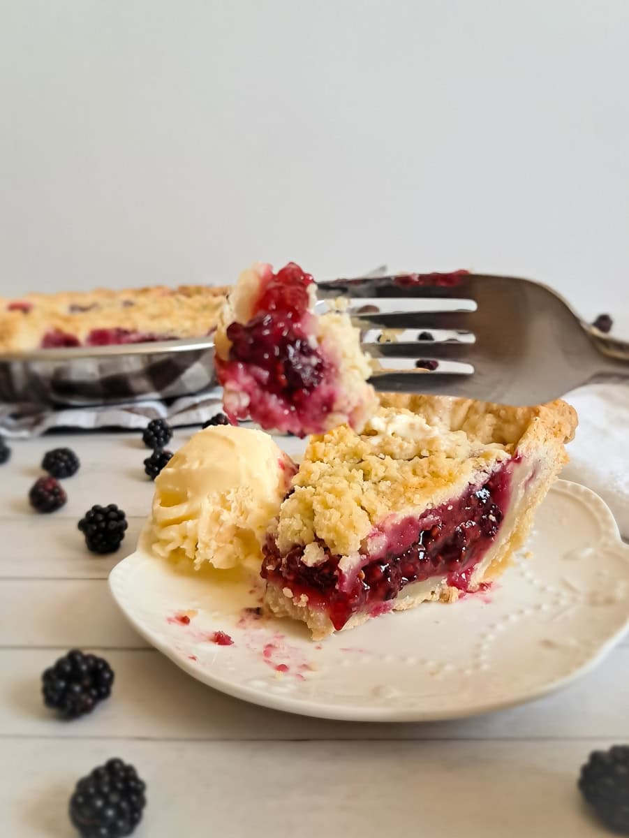 let's try our Amish berry pie, featuring a bite on a fork.
