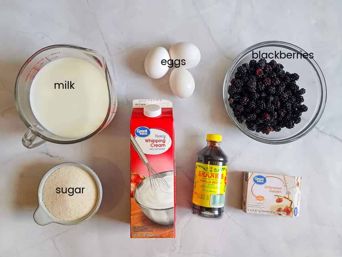 Ingredients: milk, cream, sugar, eggs, vanilla, berries, and unflavored gelatin.