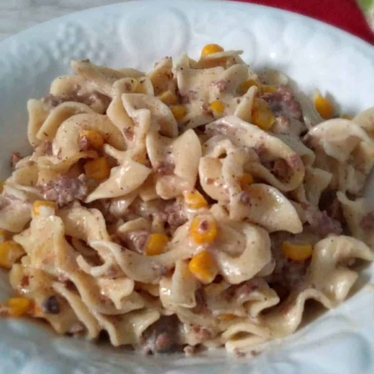 a dish full of Amish beef and noodles dairy casserole - frugal dinner recipe