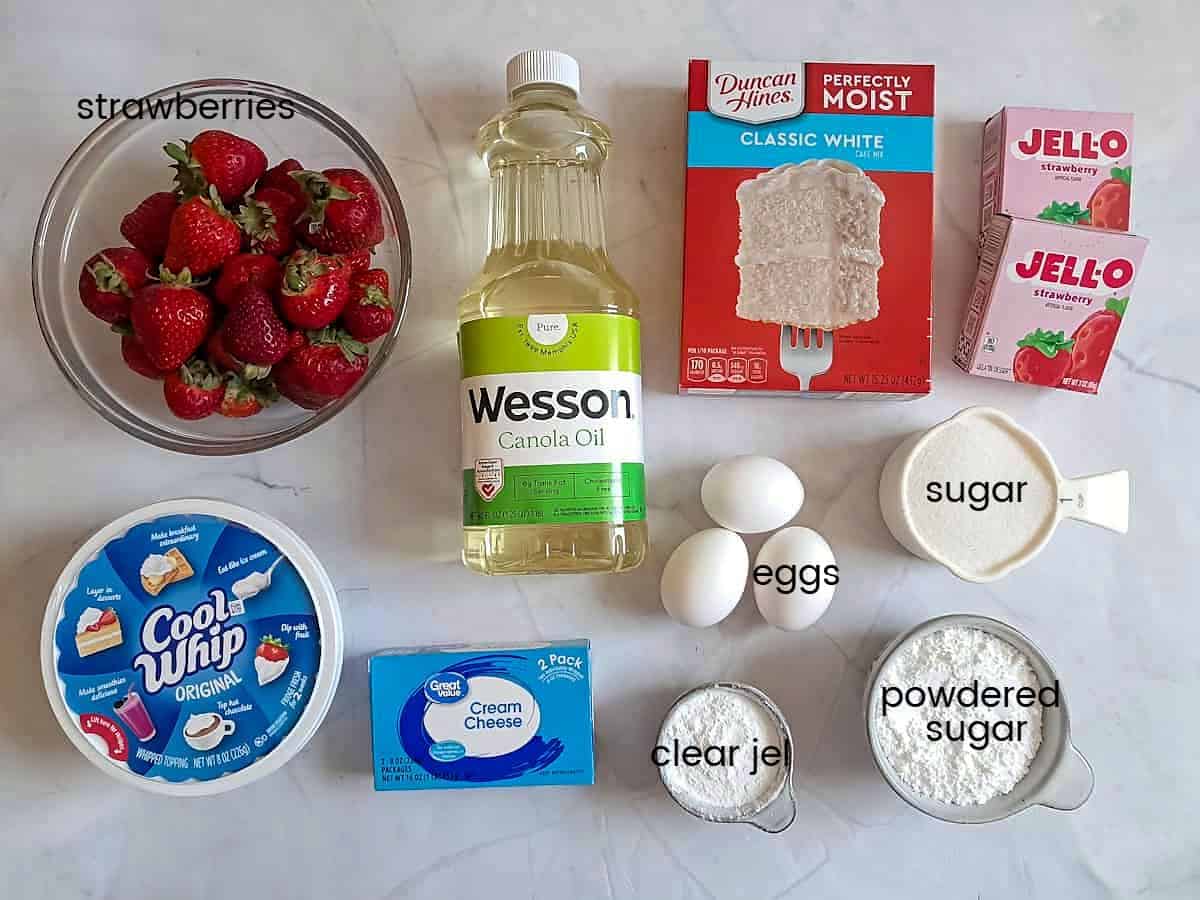 Ingredients: strawberries, oil, cake mix, jello, Cool Whip, cream cheese, eggs, powdered sugar, and sugar.