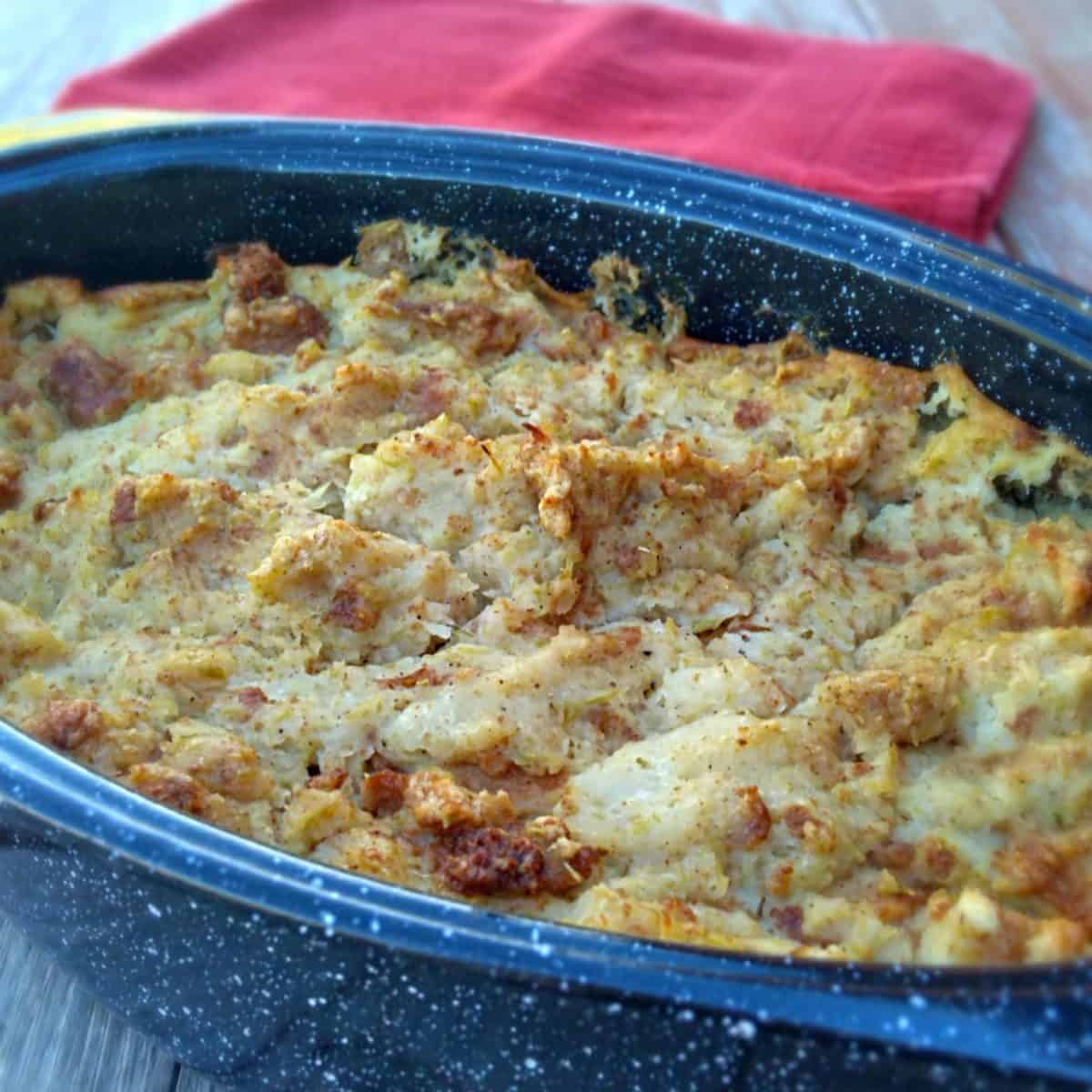 a small roaster full of PA Dutch potato filling.