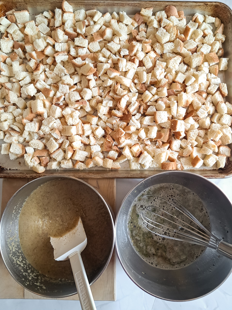 ready to mix the bread cubes, butter mixture and egg mixture.