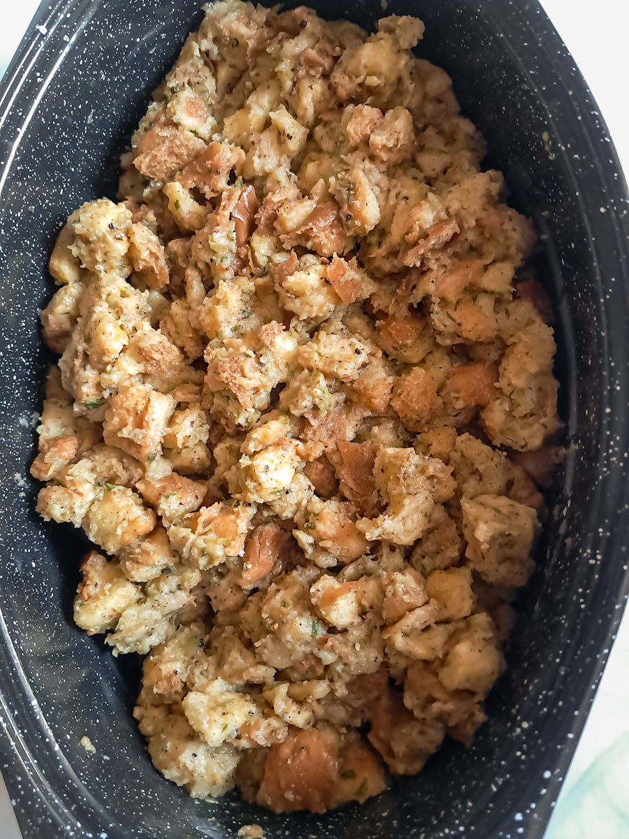 a roaster of Amish bread stuffing.