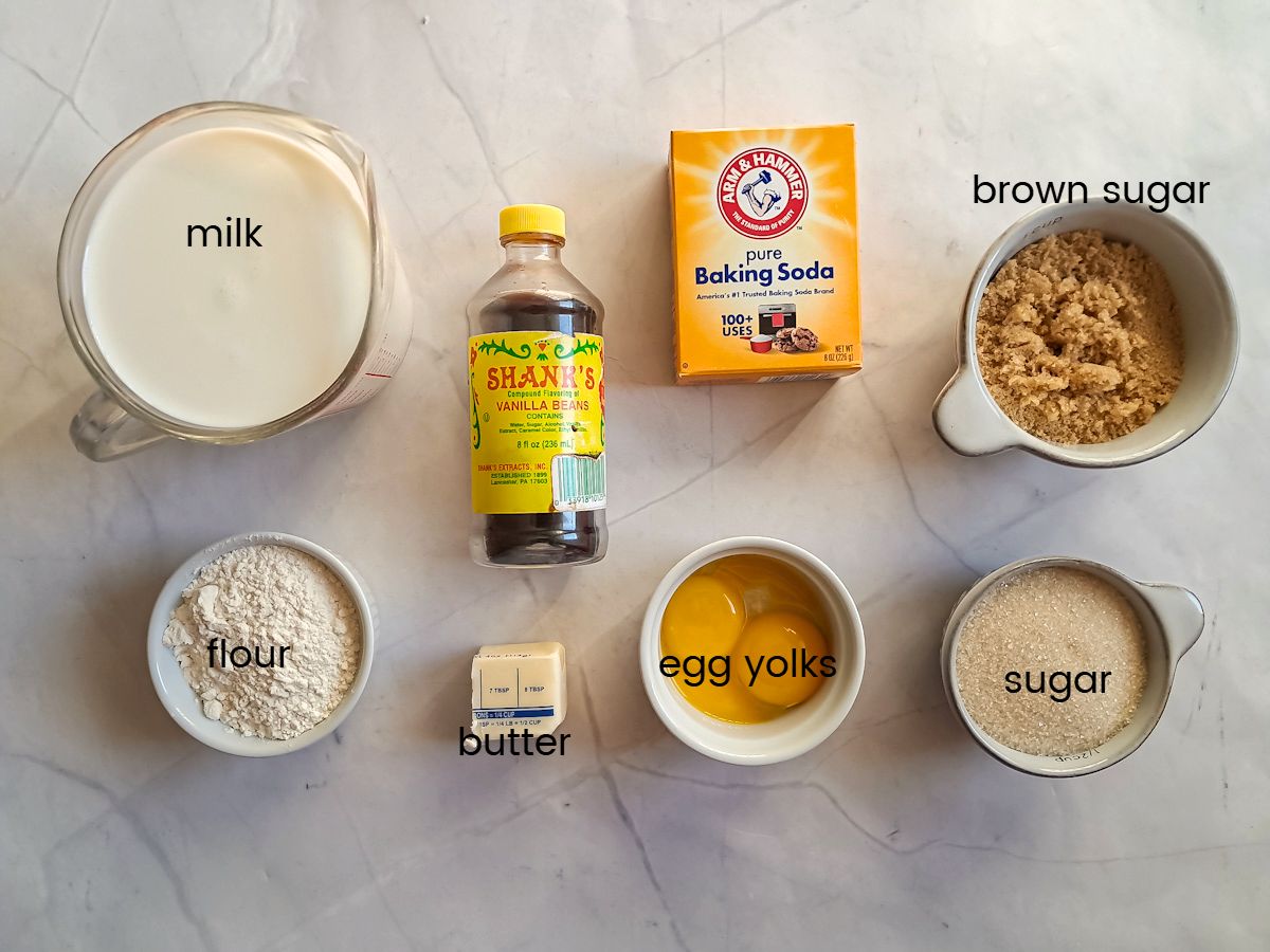 Ingredients: milk, sugar, brown sugar, egg yolks, butter, flour, and vanilla.