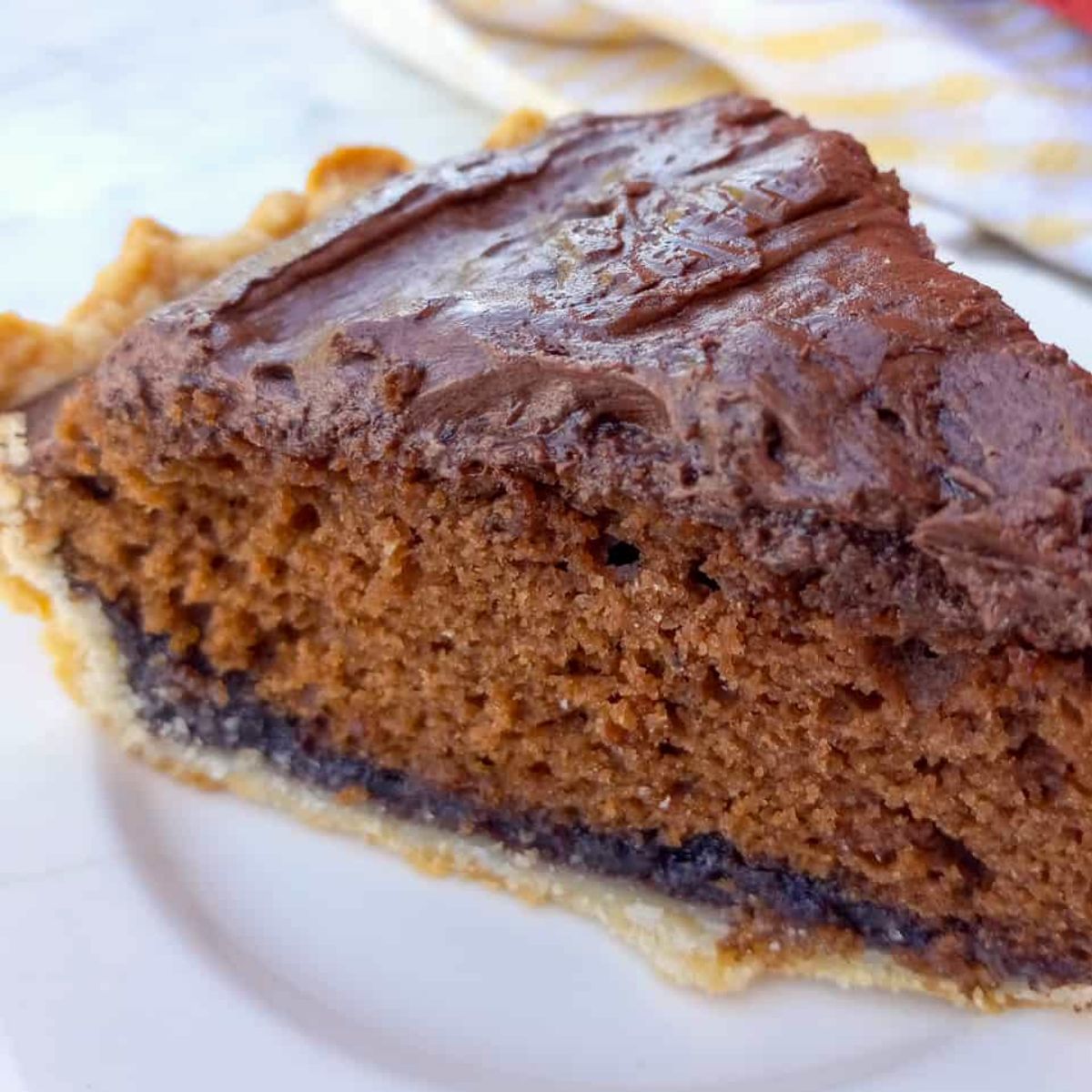 an up-close look at a slice of Amish chocolate shoofly pie.