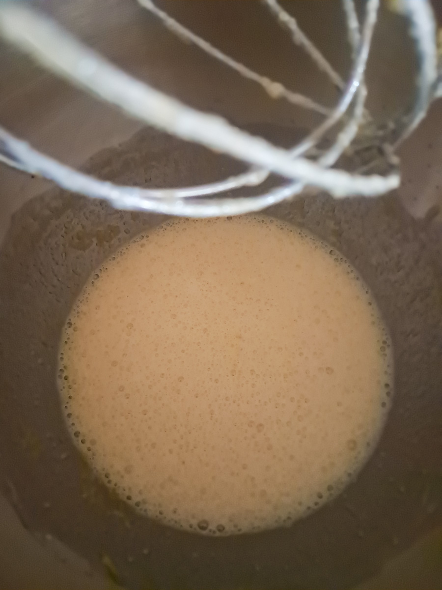 beating the liquid mixture for mock pecan pie.