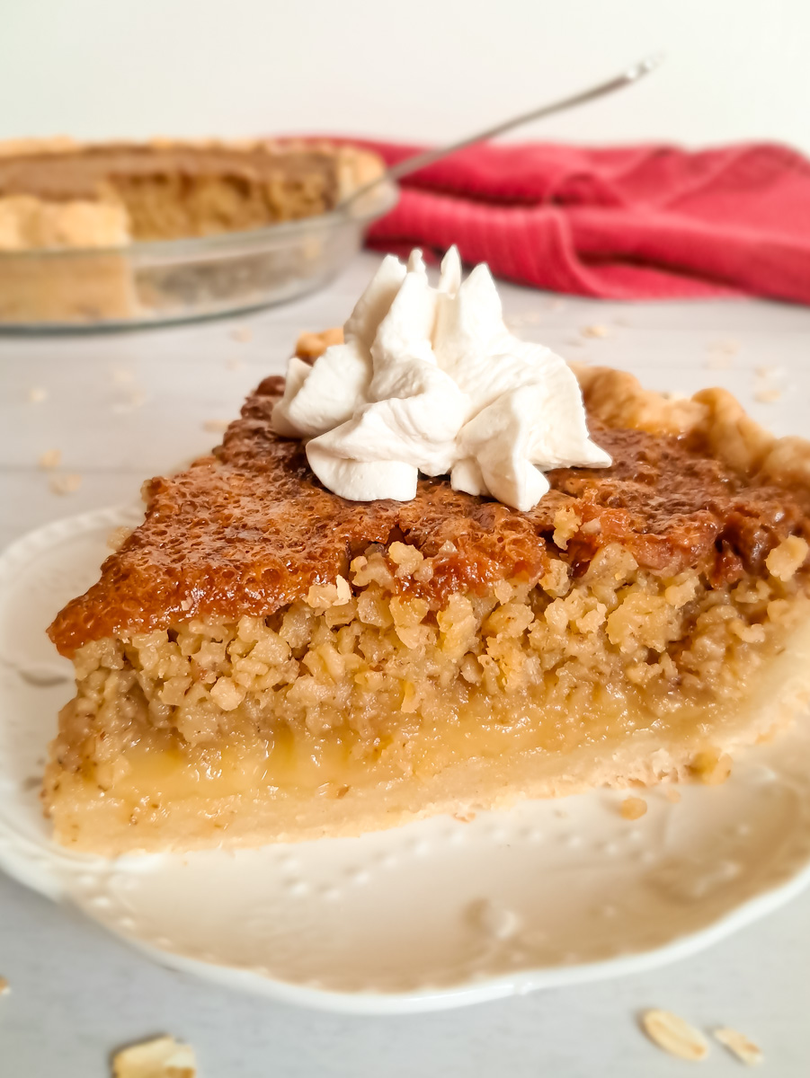 a closer up photo giving you a good look at a slice of this mock pecan pie with oatmeal.