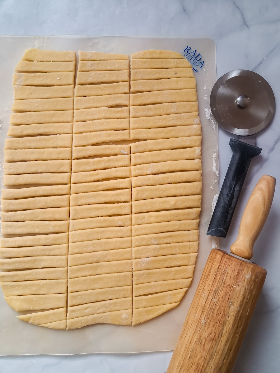 Homemade noodles rolled out and cut.