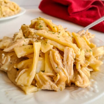 chicken and noodle dinner on a plate with a fork and a red towel.