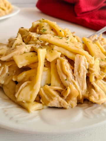 a plate full of homemade Amish chicken and noodles over mashed potatoes.