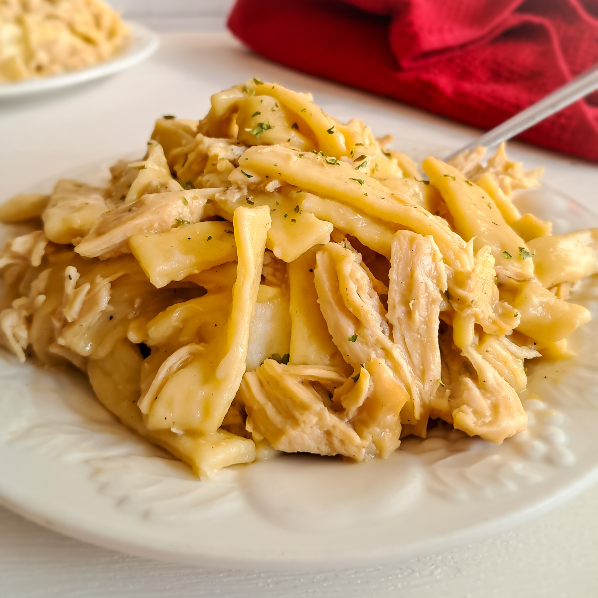 a plate full of homemade Amish chicken and noodles over mashed potatoes.