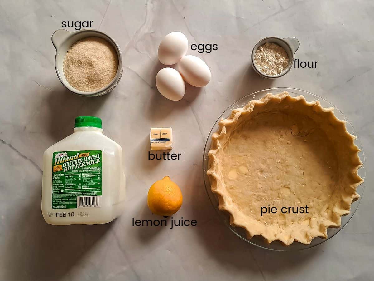 Ingredients: buttermilk, butter, eggs, flour, sugar, lemon juice, and pie crust.