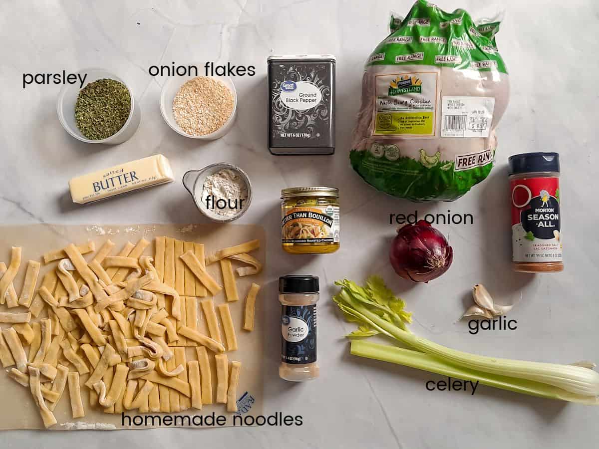 Ingredients: whole chicken, homemade noodles, celery, onion, garlic, butter, flour, and seasonings.