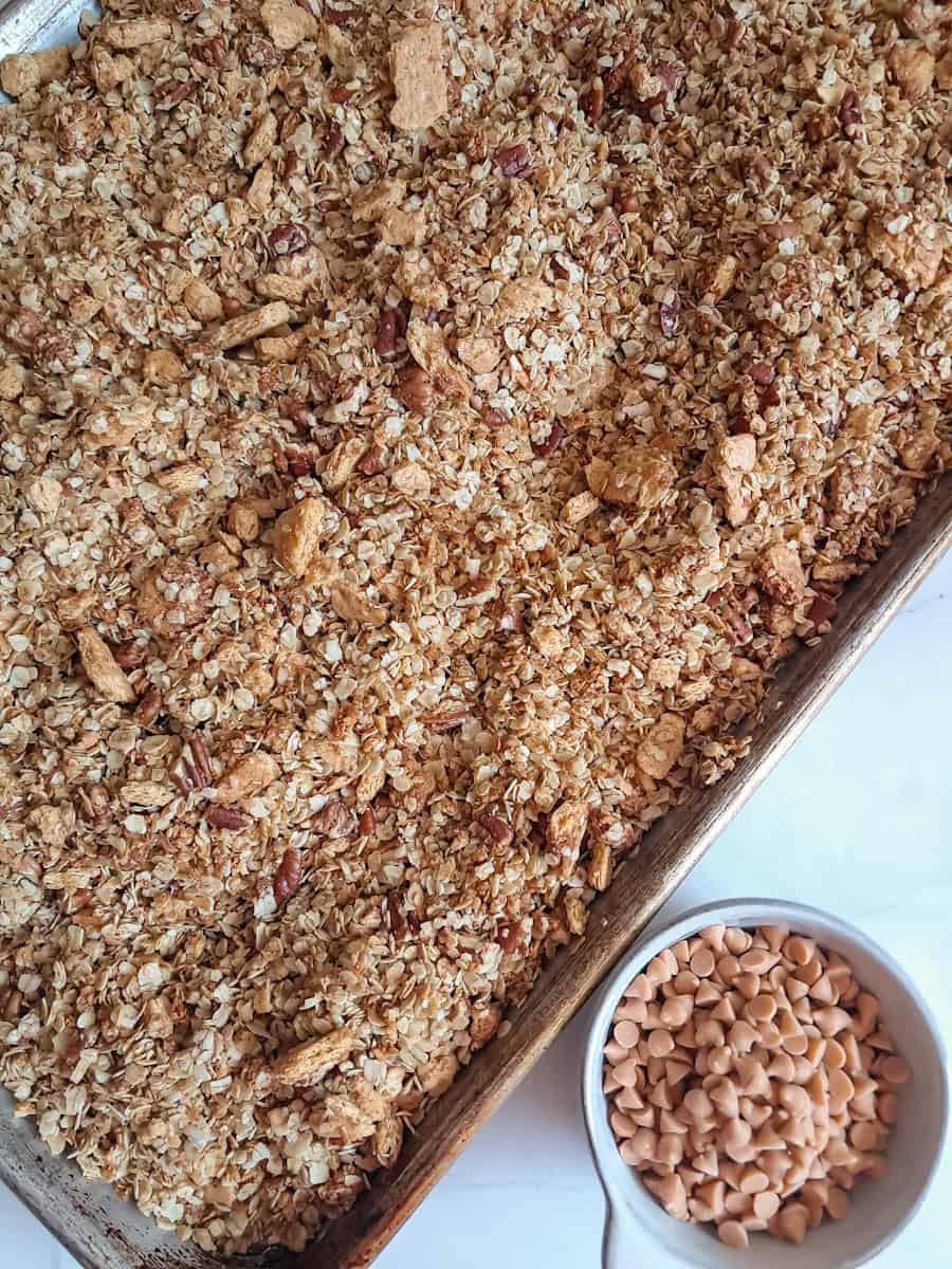 toasted Amish granola cereal on a large baking tray, ready to spread the butterscotch chips over the top.