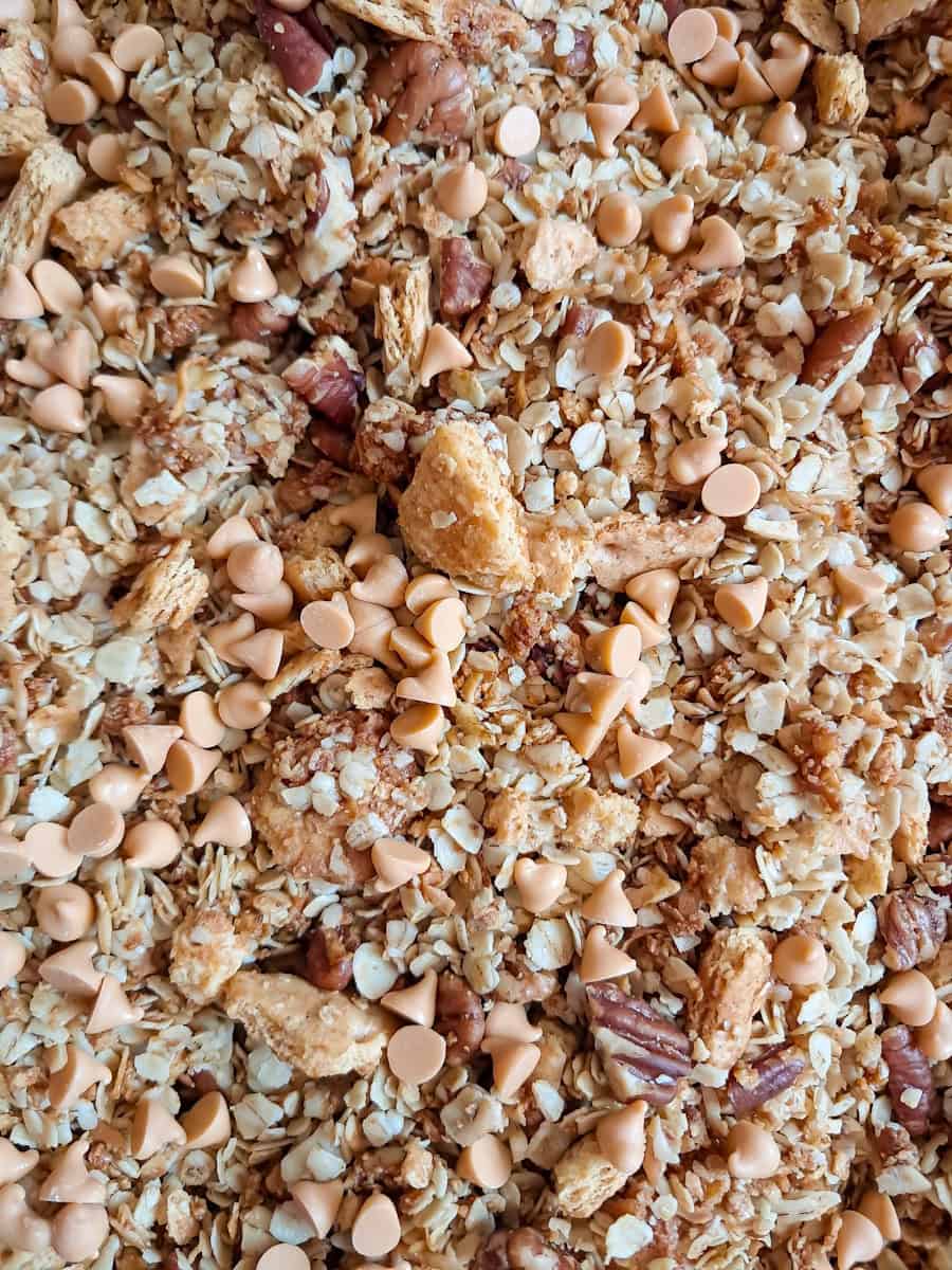close up look at Amish granola cereal with butterscotch chips.