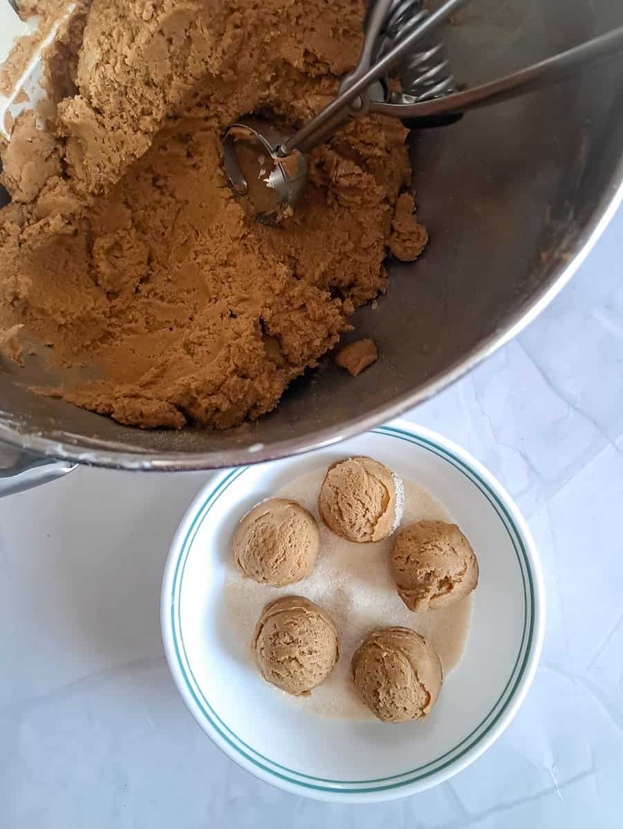 scooping balls from a bowl with molasses cookie dough and getting ready to roll them into a bowl of sugar.