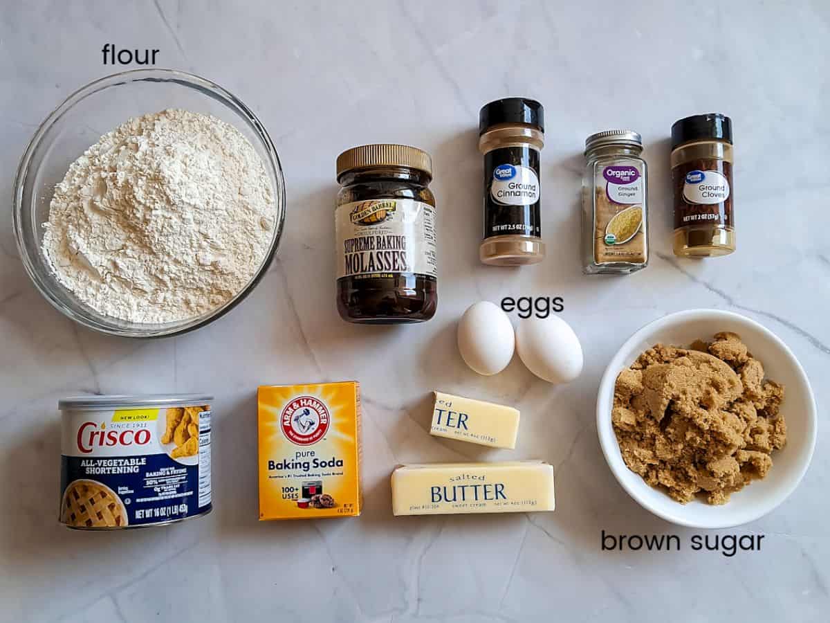 Ingredients: flour, brown sugar, molasses, butter, shortening, eggs, soda, and spices.