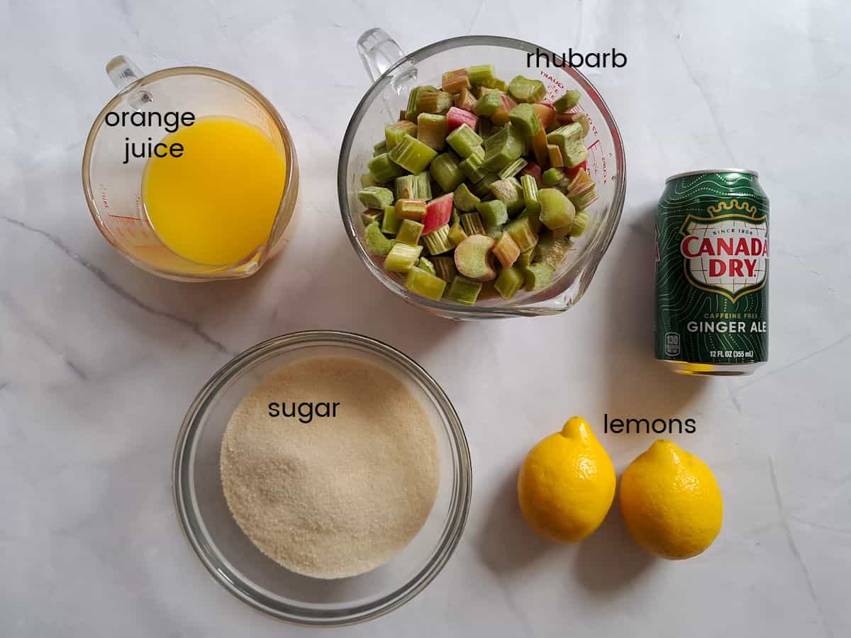 Ingredients: rhubarb, sugar, orange juice, lemons, and ginger ale..