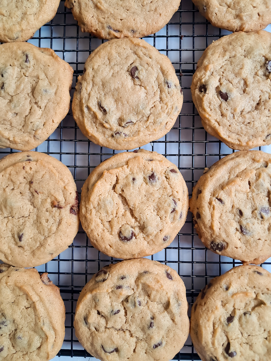 a rack full of Amish pb cookies cooling.
