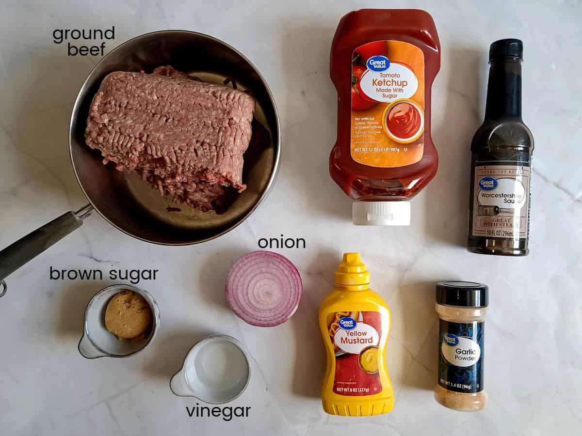 Ingredients: ground beef, onion, ketchup, mustard, vinegar, brown sugar, worcestershire sauce, and garlic powder.