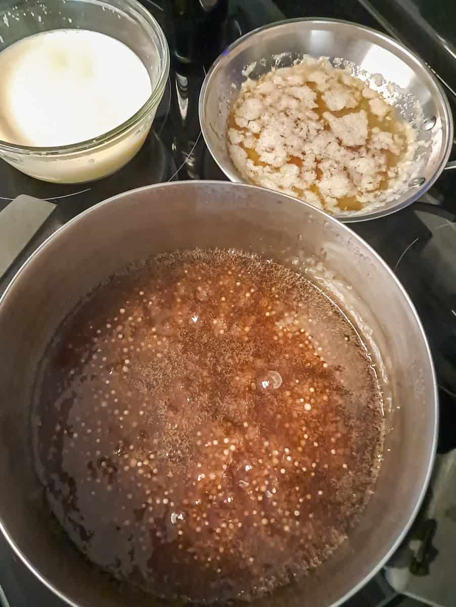 brown sugar tapioca in a cooking pot, and browned butter in a small skillet.