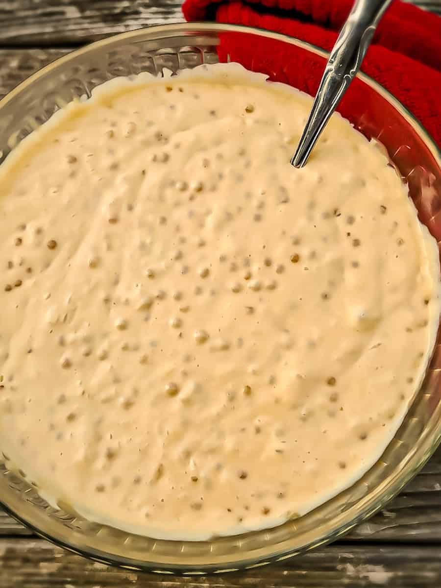 a large bowl full of butterscotch tapioca pudding ready to eat.