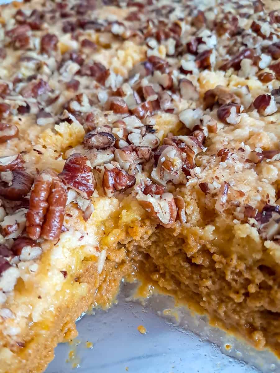 a slice removed from the 9x13" upside down dump cake topped with pecans.