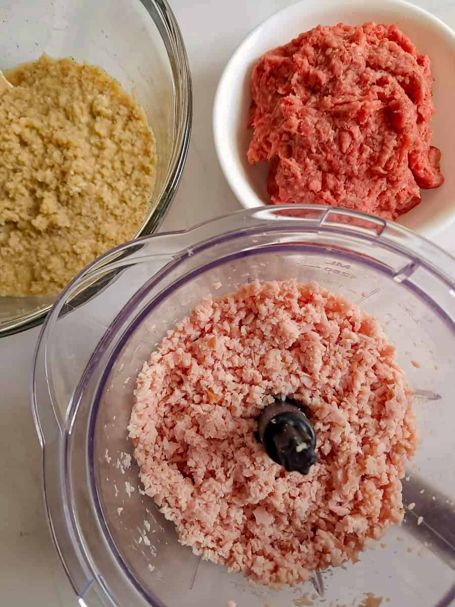 chopped ham in the blender, ground beef in a small bowl, and the remaining mixture in a large bowl.