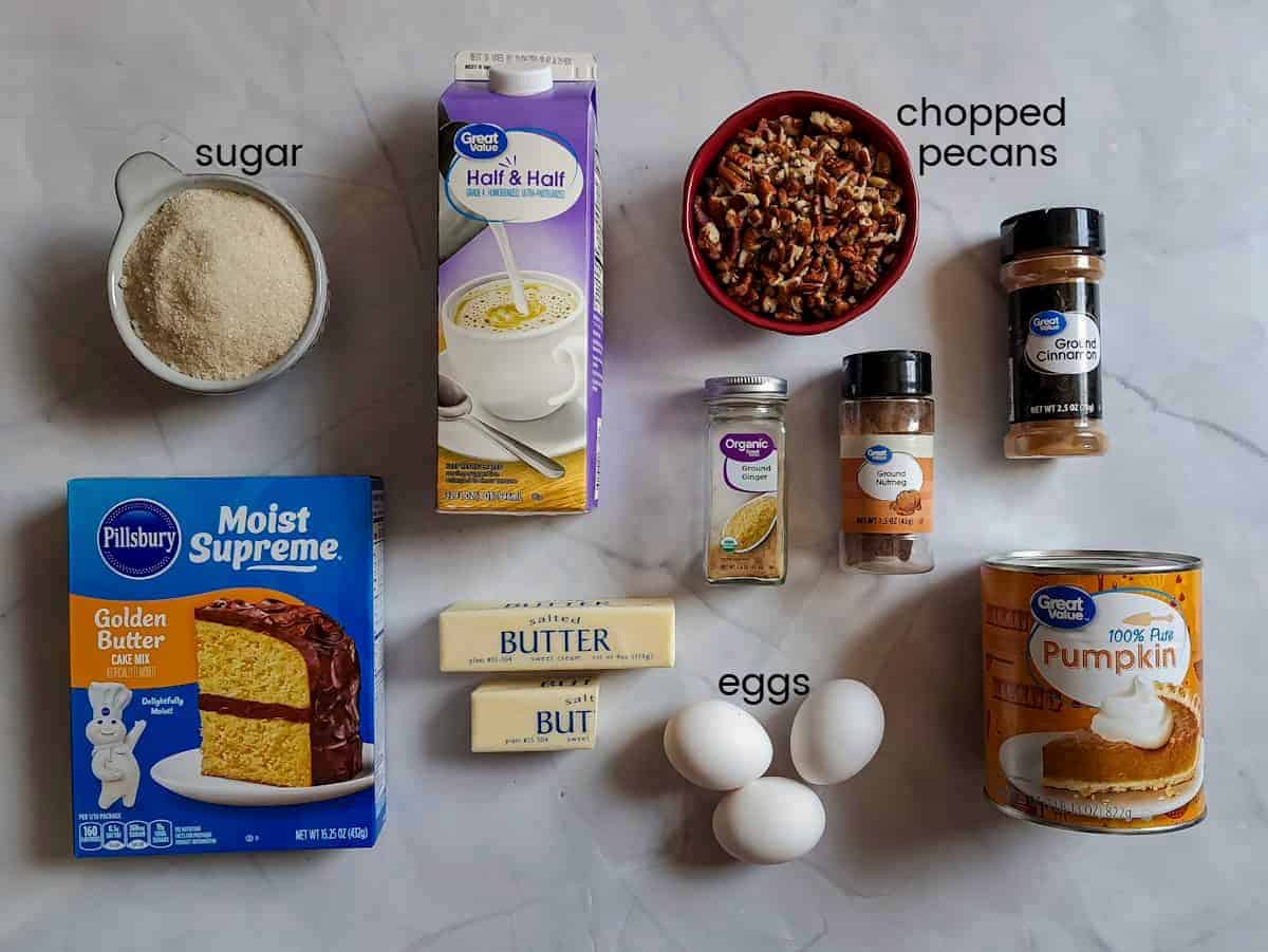 Ingredients: cake mix, sugar, half&half, butter, eggs, pumpkin, cinnamon, ginger, nutmeg, and chopped pecans.